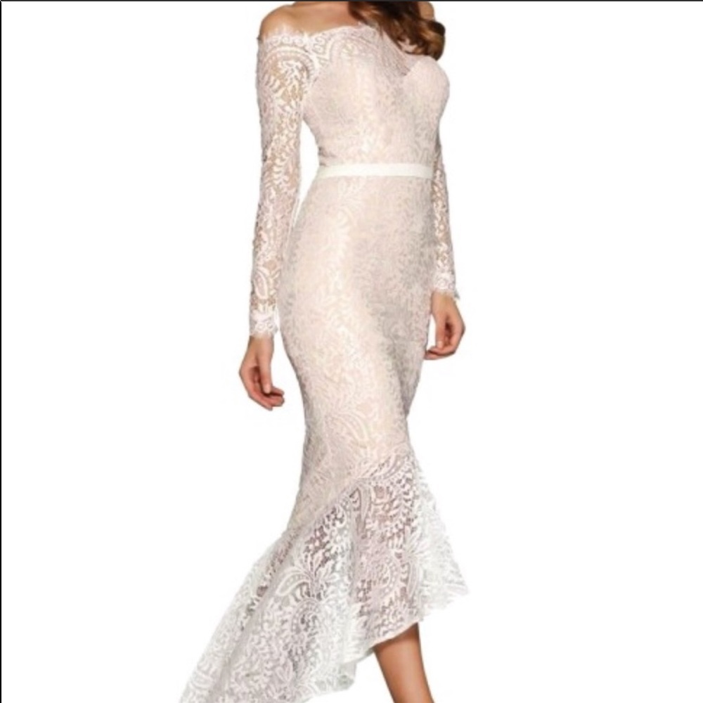 White lace dress, worn once, dry cleaned.